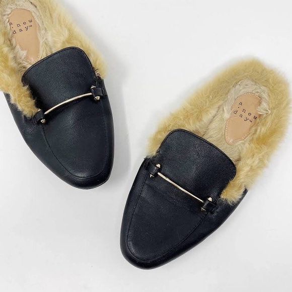 a new day Shoes - NWT A New Day Rebe Black Faux Fur Lined Mules Size 7
